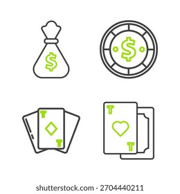 Línea de juego Tarjeta de juego con corazón, diamantes, Casino chip dólar e icono de bolsa de dinero. Vector