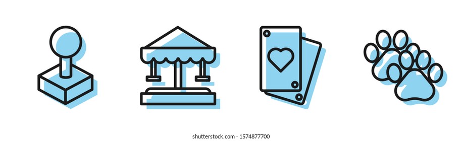 Set line Playing card, Joystick for arcade machine, Attraction carousel and Paw print icon. Vector