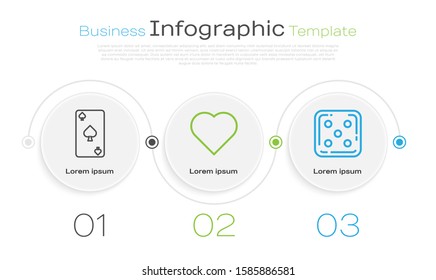 Set line Playing card with spades symbol, Playing card with heart symbol and Game dice. Business infographic template. Vector