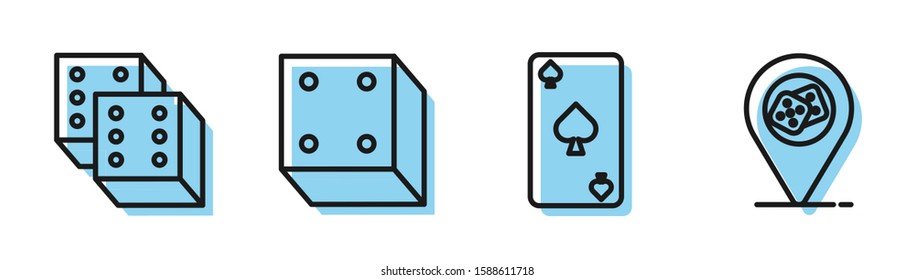 Set line Playing card with spades symbol, Game dice, Game dice and Casino location icon. Vector