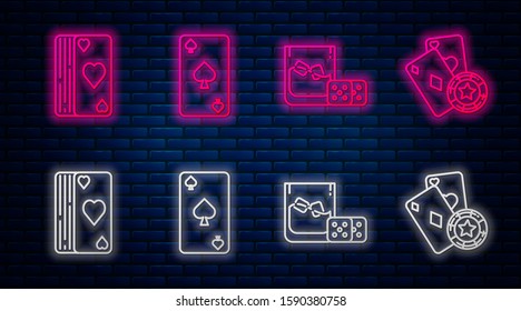 Set line Playing card with spades symbol, Game dice and glass of whiskey with ice cubes, Deck of playing cards and Casino chip and playing cards. Glowing neon icon on brick wall. Vector