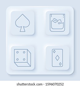 Set line Playing card with spades symbol, Glass of whiskey and ice cubes, Game dice and Playing card with diamonds symbol. White square button. Vector