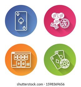 Set line Playing card with spades symbol, Casino chips, game dice and glass of whiskey with ice cubes, Online poker table game and Casino chip and playing cards. Color circle button. Vector