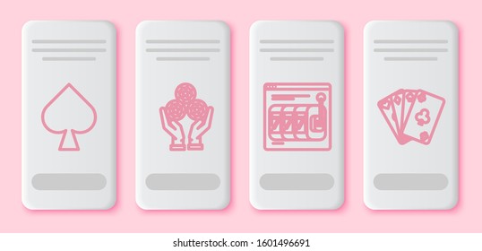 Set line Playing card with spades symbol, Hand holding casino chips, Online slot machine with lucky sevens jackpot and Playing cards. White rectangle button. Vector