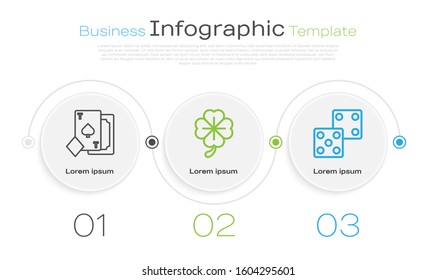 Set line Playing card with spades, Four leaf clover and Game dice. Business infographic template. Vector