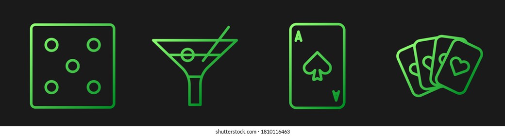 Set line Playing card with spades, Game dice, Martini glass and Deck of playing cards. Gradient color icons. Vector