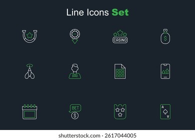 Set line Playing card with spades symbol, Lottery ticket, Casino chip dollar, Calendar, Online sports betting, dealer and Dart arrow icon. Vector