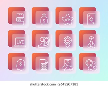 Set line Playing card with spades symbol, Lottery ticket, Casino chips, Online sports betting, Hand holding casino, win,  and Money bag icon. Vector