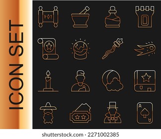 Fijar línea Tarjetas de reproducción, libro de magia antigua, bola de fuego, botella con poción, magia, desplazamiento e icono del personal. Vector