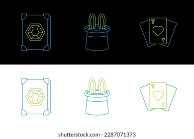 Set line Playing cards, Ancient magic book and Magician hat and rabbit ears icon. Vector