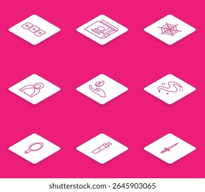 Set line Playing cards, Ancient magic book, Spider web, Mantle, cloak, cape, Hand holding fire, Magic fog or smoke, hand mirror and Bottle with love potion icon. Vector