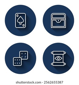Set line Playing cards, Antique treasure chest, Game dice and Magic scroll with long shadow. Blue circle button. Vector