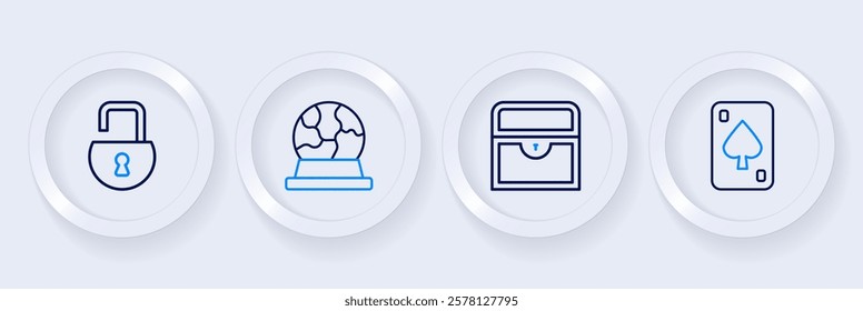 Set line Playing cards, Antique treasure chest, Magic ball and Open padlock icon. Vector