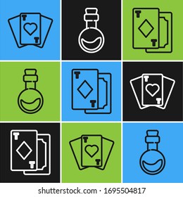 Set line Playing cards, Playing cards and Bottle with love potion icon. Vector