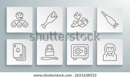 Set line Playing cards, Broken bottle as weapon, Lock picks for lock picking, Safe, Thief mask, Burning, Bullet and Mafia icon. Vector