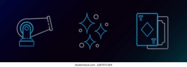 Set line Playing cards, Cannon and Sparkle stars with magical glitter icon. Glowing neon. Vector