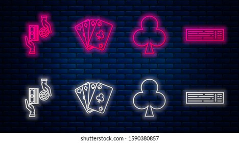 Set line Playing cards, Playing card with clubs symbol, Casino chips exchange on stacks of dollars and Deck of playing cards. Glowing neon icon on brick wall. Vector
