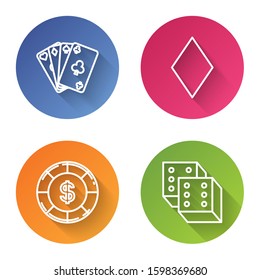 Set line Playing cards, Playing card with diamonds symbol, Casino chip with dollar symbol and Game dice. Color circle button. Vector