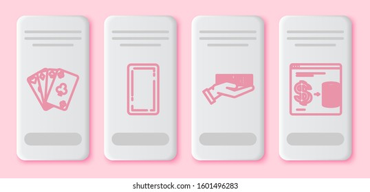 Set line Playing cards, Playing card back, Hand holding deck of playing cards and Online casino chips exchange on stacks of dollars. White rectangle button. Vector
