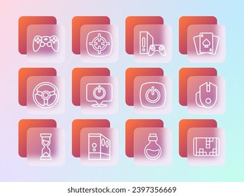 Spielkarten, Computergehäuse, Betriebsschalter, Flasche mit Zauberelixier, Spielkonsole Joystick, Controller oder Ziel Sport Icon. Vektorgrafik