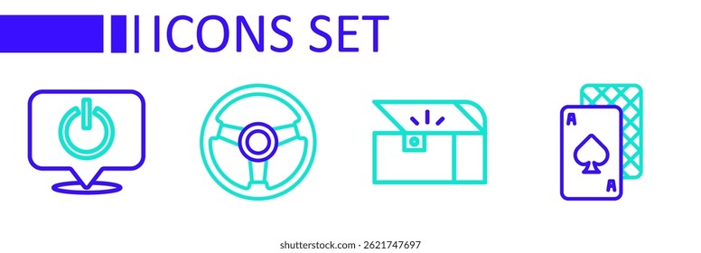 Set line Playing cards, Chest for game, Racing simulator and Power button icon. Vector