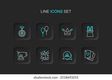Juego de cartas, carpa de circo, guirnalda de carnaval con banderas, cañón, orejas de conejo de sombrero de mago, campanas de bufón, cinta de globos e icono de monociclo. Vector
