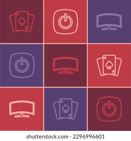 Set line Playing cards, Computer monitor and Power button icon. Vector