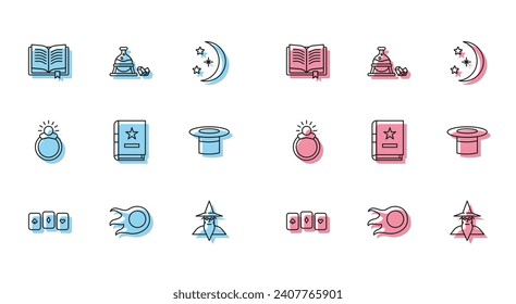 Set line Playing cards, Fireball, Ancient magic book, Wizard warlock, Magician hat, stone ring with gem and Witch cauldron and icon. Vector