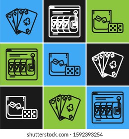 Set line Playing cards, Game dice and glass of whiskey with ice cubes and Online slot machine with lucky sevens jackpot icon. Vector