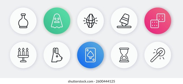 Set line Playing cards, Game dice, Candlestick, Old hourglass, thimbles, Magic stone, wand and Rabbit with ears icon. Vector