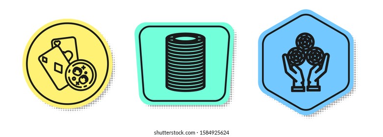 Set line Playing cards and glass of whiskey with ice cubes, Casino chips and Hand holding casino chips. Colored shapes. Vector
