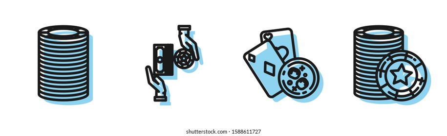 Set line Playing cards and glass of whiskey with ice cubes, Casino chips, Casino chips exchange on stacks of dollars and Casino chips icon. Vector