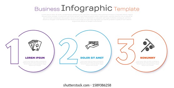 Set line Playing cards, Hand holding deck of playing cards and Stick for chips. Business infographic template. Vector