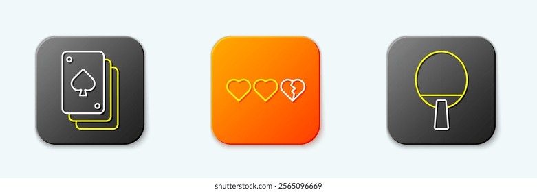 Set line Playing cards, Hearts for game and Racket icon. Vector