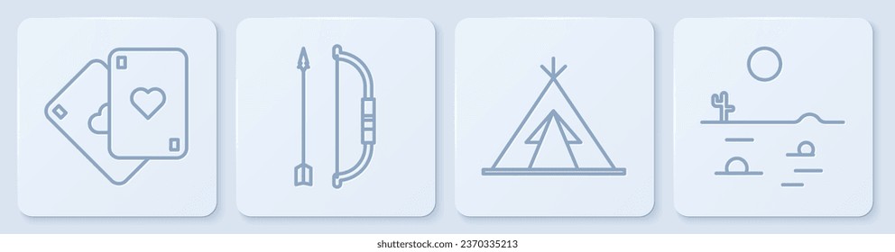Set line Playing cards, Indian teepee or wigwam, Bow and arrow in quiver and Desert landscape with cactus. White square button. Vector