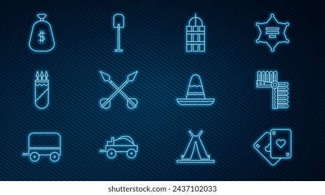 Set line Playing cards, Indian headdress with feathers, Detonate dynamite bomb stick, Crossed arrows, Quiver, Money bag, Mexican sombrero hat and Shovel icon. Vector