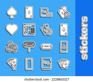 Set line Playing cards, Joker playing, with clubs symbol, Game dice and glass of whiskey ice cubes, Online casino chips exchange on stacks dollars, heart, spades and  icon. Vector