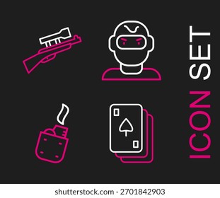 Línea de juego de cartas, encendedor, máscara de ladrón y rifle de francotirador con icono de alcance. Vector