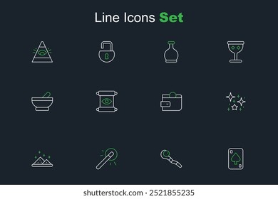 Set line Playing cards, Magic staff, wand, powder, Magical glitter particles, Wallet, scroll and Witch cauldron icon. Vector