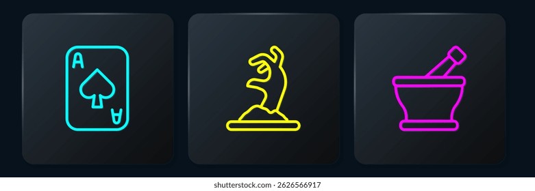 Set line Playing cards, Mortar and pestle and Zombie hand. Black square button. Vector