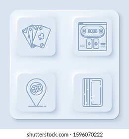 Set line Playing cards, Online poker table game, Casino location and Deck of playing cards. White square button. Vector