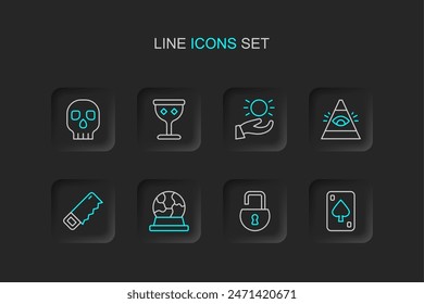 Set line Playing cards, Open padlock, Magic ball, Hand saw, All-seeing eye of God, Ball levitating above hand, Medieval goblet and Skull icon. Vector