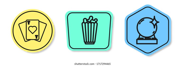 Set line Playing cards, Popcorn in box and Magic ball. Colored shapes. Vector