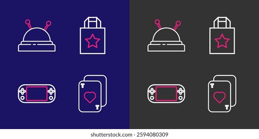 Set line Playing cards, Portable video game console, Paper shopping bag and Needle bed and needles icon. Vector