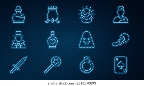 Fijar línea Tarjetas de juego, hongo Psilocybin, bola mágica, Botella con poción de amor, Magician, Fantasma y Cauldrón de Brujas. Vector
