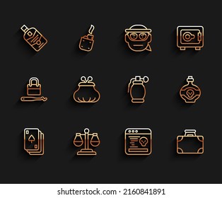 Set line Playing cards, Scales of justice, Whiskey bottle, System bug, Briefcase and money, Wallet, Poison and Hand grenade icon. Vector