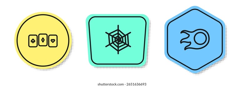 Set line Playing cards, Spider web and Fireball. Colored shapes. Vector