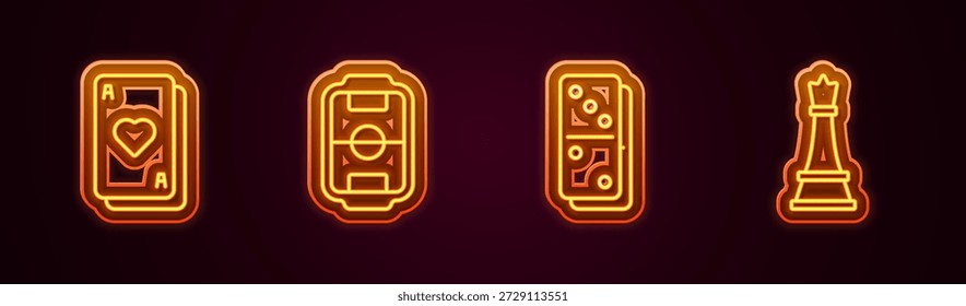 Spielkarten, Tischfußball, Domino und Schach. Leuchtendes Neonsymbol. Vektorgrafik
