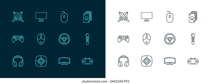 Juego de cartas, deporte objetivo, simulador de carreras, monitor de ordenador, ratón, espada para el juego y el icono. Vector