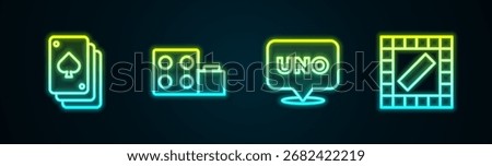 Set line Playing cards, Toy building block bricks, Uno game and Board. Glowing neon icon. Vector